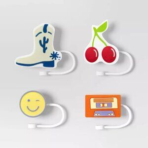 Room Essentials Silicone Straw Toppers Set of 4 — Retro Cassette, Cowboy Boot...